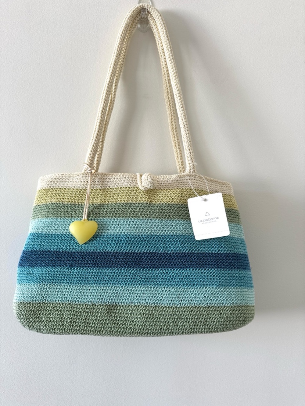 NWT Liz Claiborne Striped Woven Tote w/ Heart Charm Coastal Summer Bag